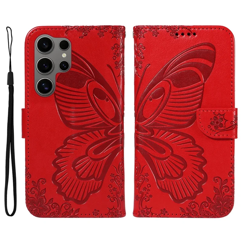 For Samsung Galaxy S25 Ultra Case Butterfly Pattern Leather Wallet Flip Phone Cover - Red