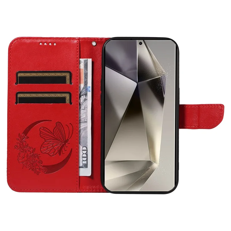 For Samsung Galaxy S25 Ultra Case Butterfly Pattern Leather Wallet Flip Phone Cover - Red