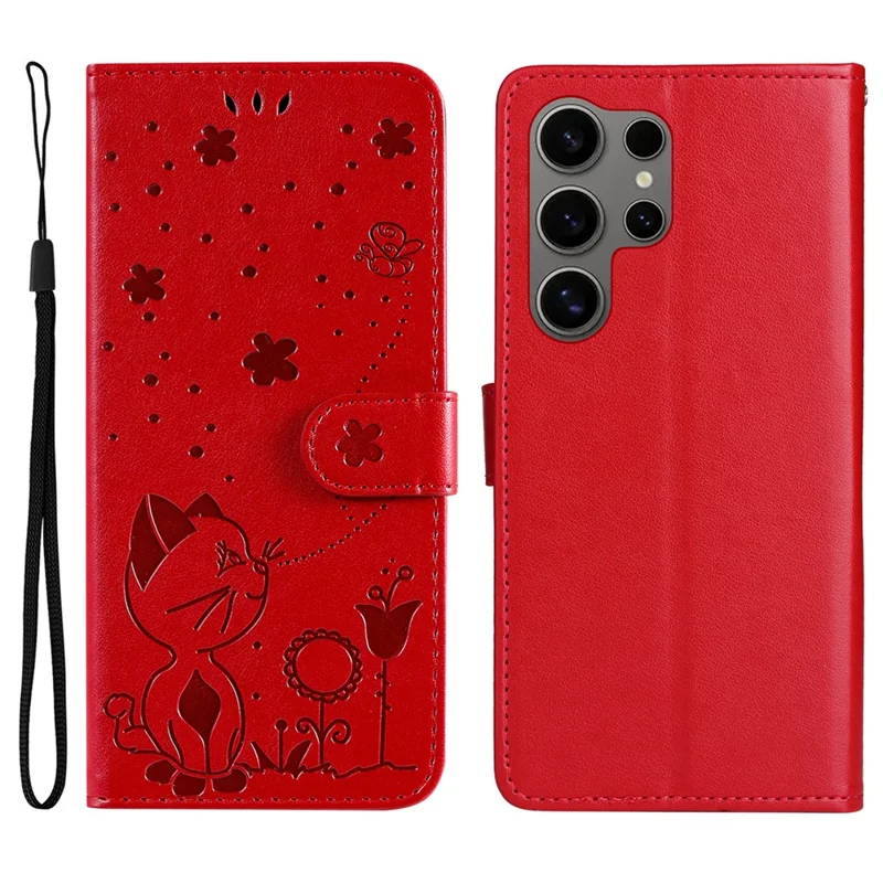 Voor Samsung Galaxy S25 Ultra Leren Hoesje met Motief van Kat en Bij Portemonnee Hoesje met Standfunctie en Riempje - Rood