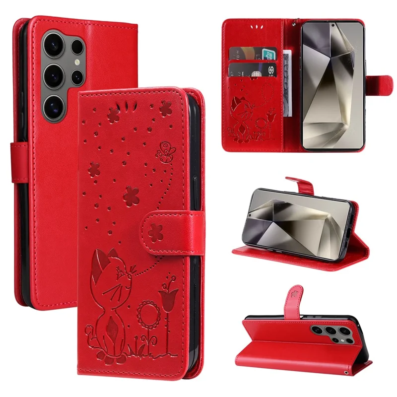 Voor Samsung Galaxy S25 Ultra Leren Hoesje met Motief van Kat en Bij Portemonnee Hoesje met Standfunctie en Riempje - Rood