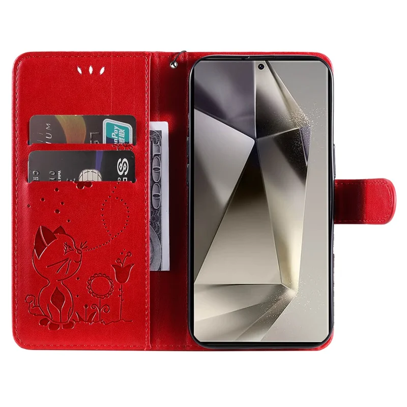 Voor Samsung Galaxy S25 Ultra Leren Hoesje met Motief van Kat en Bij Portemonnee Hoesje met Standfunctie en Riempje - Rood