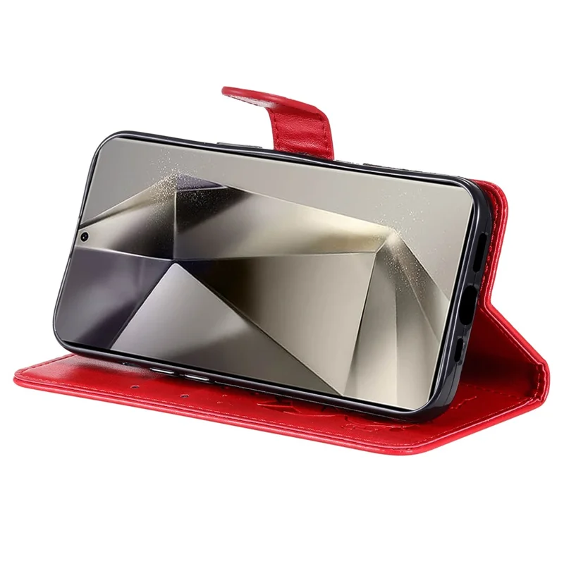 Voor Samsung Galaxy S25 Ultra Leren Hoesje met Motief van Kat en Bij Portemonnee Hoesje met Standfunctie en Riempje - Rood