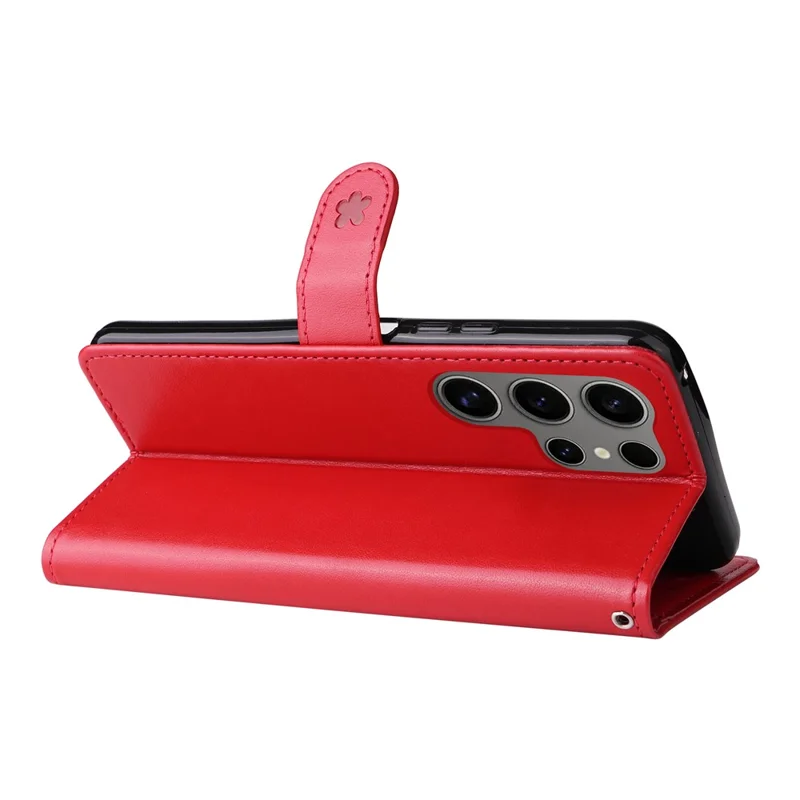 Voor Samsung Galaxy S25 Ultra Leren Hoesje met Motief van Kat en Bij Portemonnee Hoesje met Standfunctie en Riempje - Rood