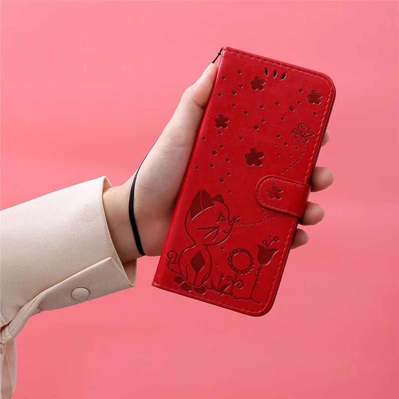 Voor Samsung Galaxy S25 Ultra Leren Hoesje met Motief van Kat en Bij Portemonnee Hoesje met Standfunctie en Riempje - Rood