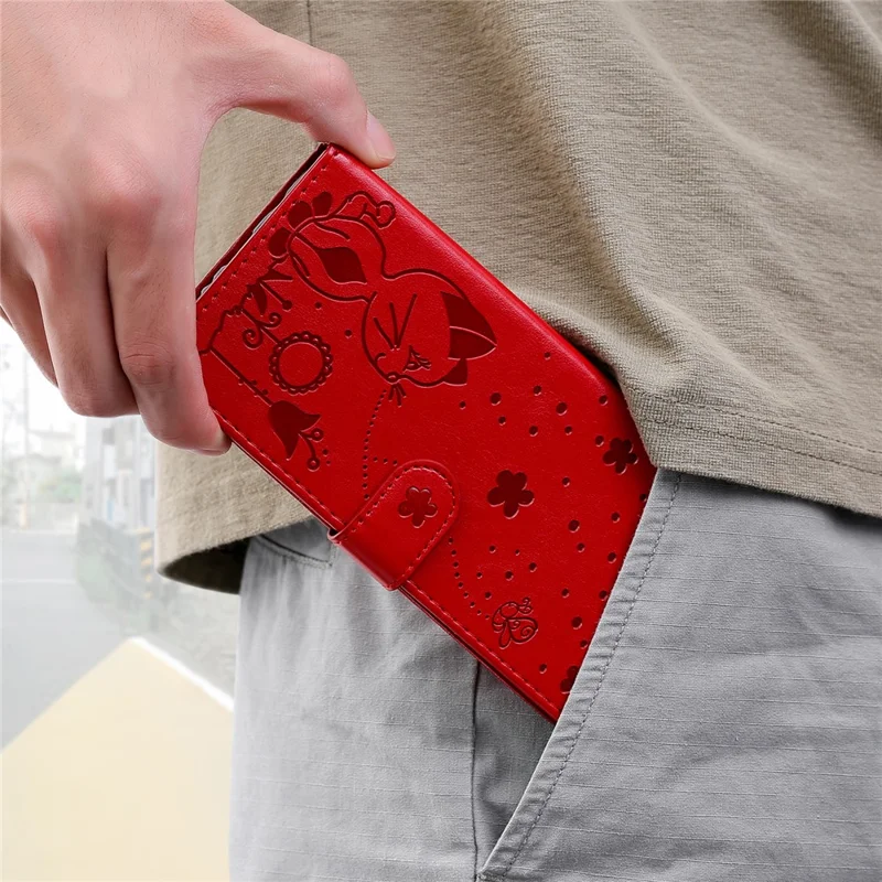 Voor Samsung Galaxy S25 Ultra Leren Hoesje met Motief van Kat en Bij Portemonnee Hoesje met Standfunctie en Riempje - Rood