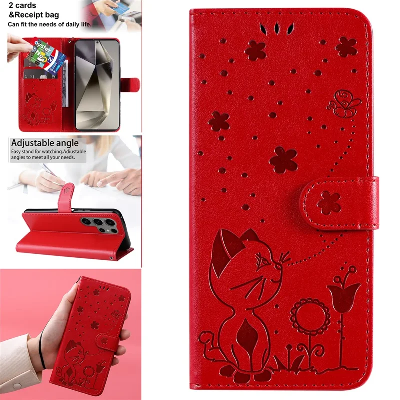 Voor Samsung Galaxy S25 Ultra Leren Hoesje met Motief van Kat en Bij Portemonnee Hoesje met Standfunctie en Riempje - Rood