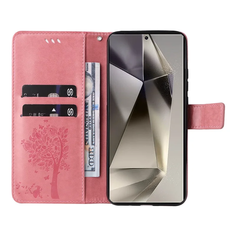 For Samsung Galaxy S25 Ultra Phone Case with Stand Cat Tree Pattern Leather Wallet Mobile Cover  - Pink