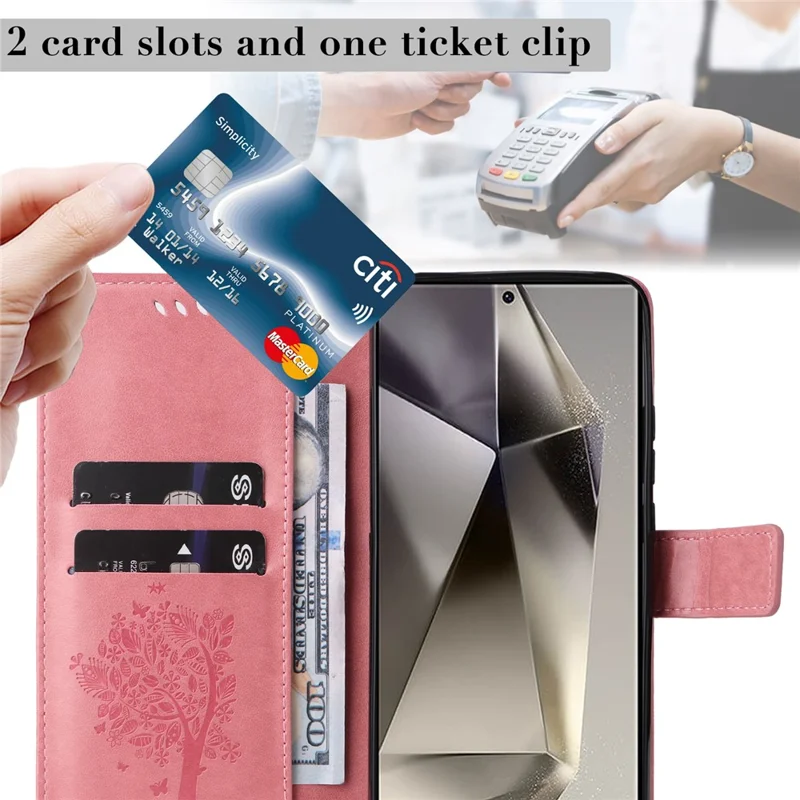 For Samsung Galaxy S25 Ultra Phone Case with Stand Cat Tree Pattern Leather Wallet Mobile Cover  - Pink