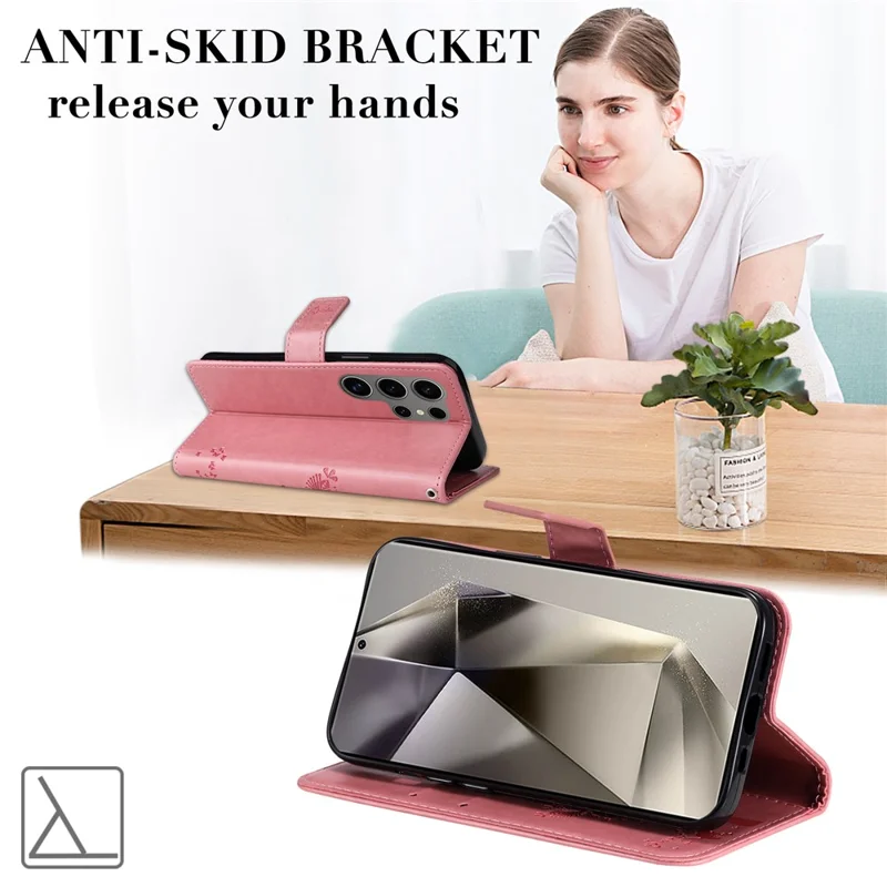 For Samsung Galaxy S25 Ultra Phone Case with Stand Cat Tree Pattern Leather Wallet Mobile Cover  - Pink