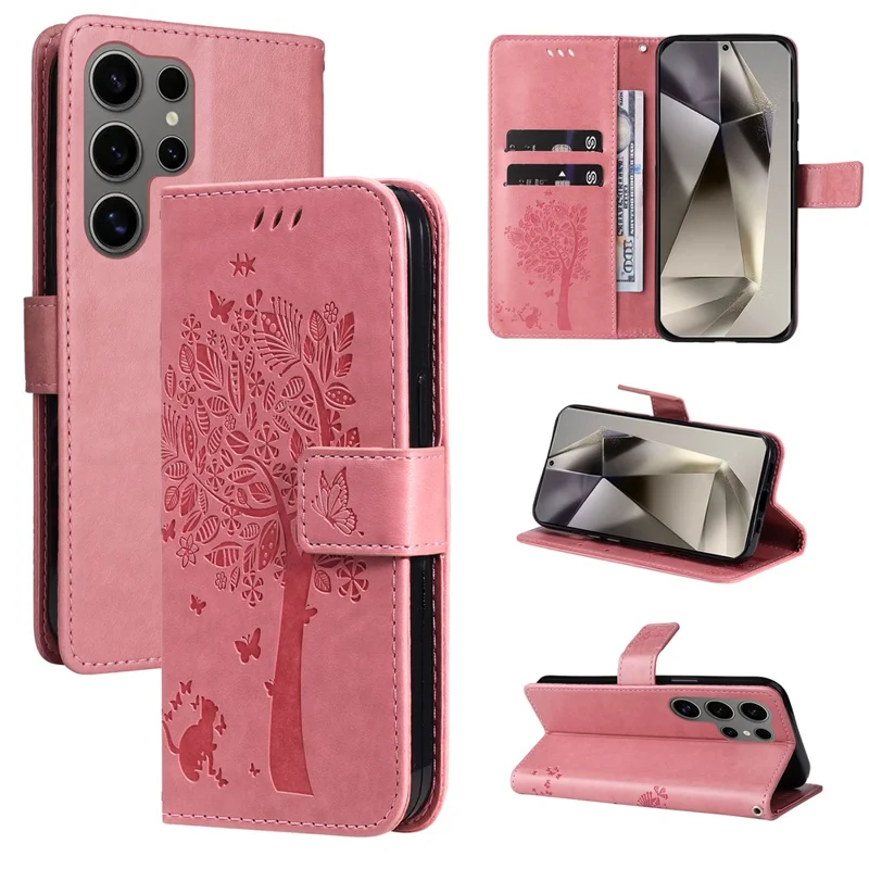For Samsung Galaxy S25 Ultra Phone Case with Stand Cat Tree Pattern Leather Wallet Mobile Cover  - Pink