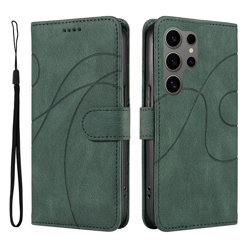 Voor Samsung Galaxy S25 Ultra Hoesje Stand Wallet Leren Telefoonhoes met Gebogen Lijn Polsbandje - Groen