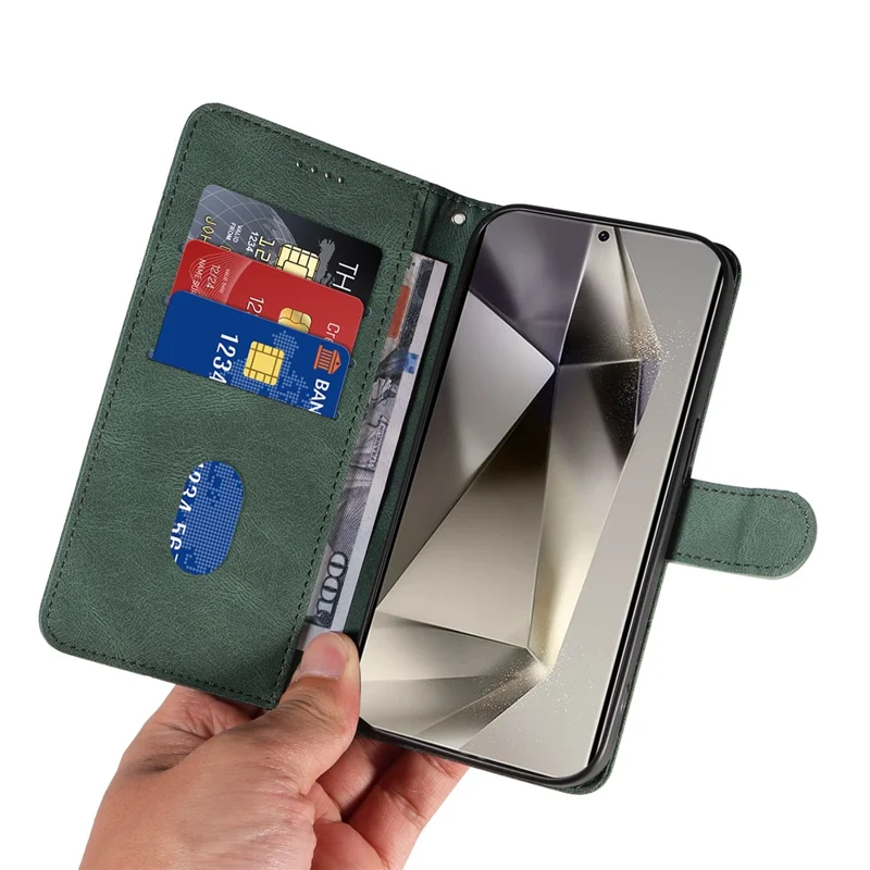 Voor Samsung Galaxy S25 Ultra Hoesje Stand Wallet Leren Telefoonhoes met Gebogen Lijn Polsbandje - Groen