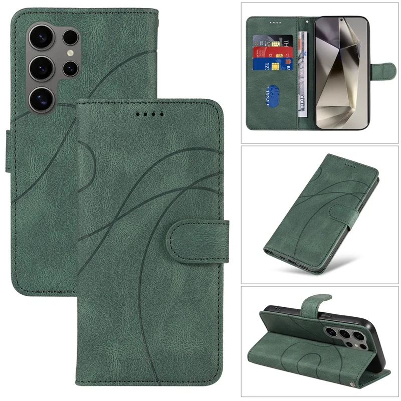 Voor Samsung Galaxy S25 Ultra Hoesje Stand Wallet Leren Telefoonhoes met Gebogen Lijn Polsbandje - Groen