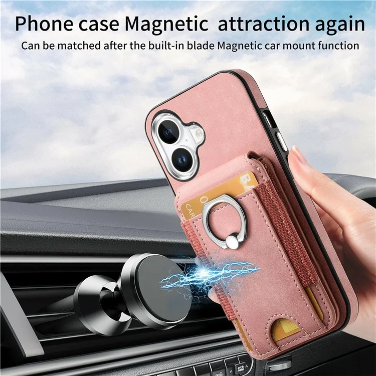 For iPhone 16 Case Skin-Touch Texture Vertical Flip Card Holder Phone Cover with Ring Holder Kickstand - Pink