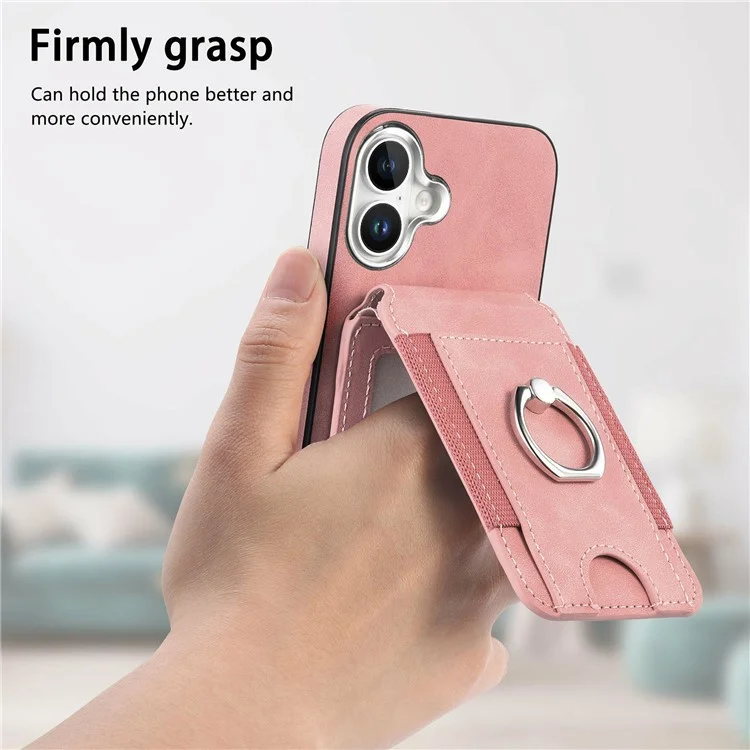 For iPhone 16 Case Skin-Touch Texture Vertical Flip Card Holder Phone Cover with Ring Holder Kickstand - Pink