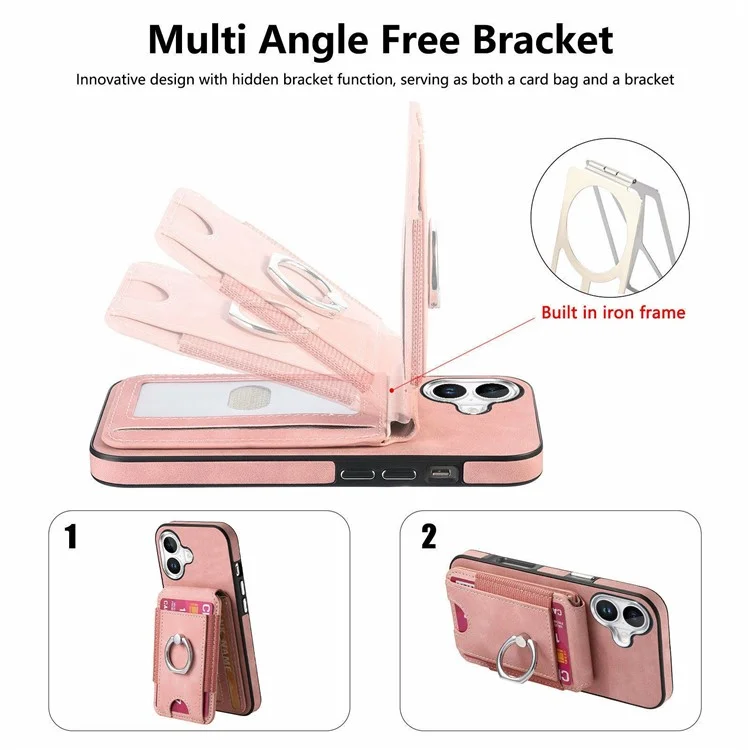 For iPhone 16 Case Skin-Touch Texture Vertical Flip Card Holder Phone Cover with Ring Holder Kickstand - Pink