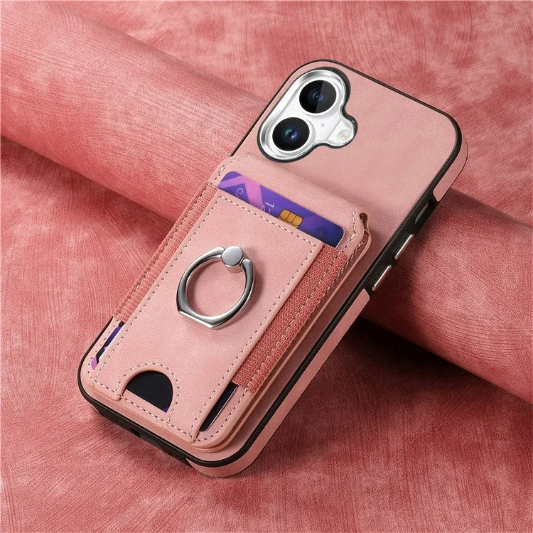 For iPhone 16 Case Skin-Touch Texture Vertical Flip Card Holder Phone Cover with Ring Holder Kickstand - Pink