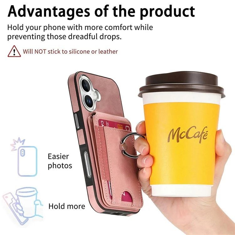 For iPhone 16 Case Skin-Touch Texture Vertical Flip Card Holder Phone Cover with Ring Holder Kickstand - Pink