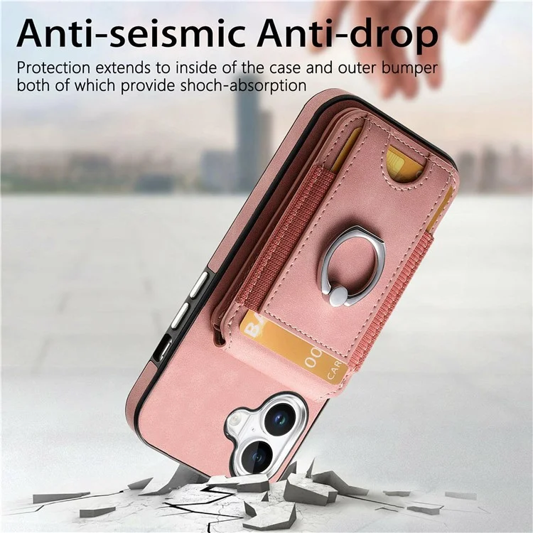 For iPhone 16 Case Skin-Touch Texture Vertical Flip Card Holder Phone Cover with Ring Holder Kickstand - Pink