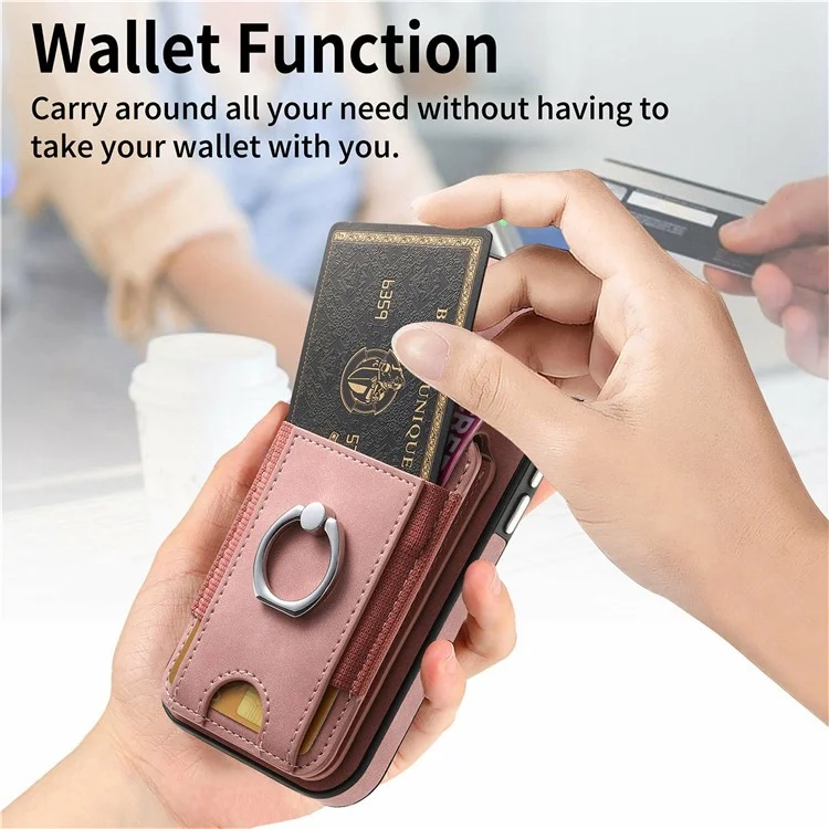 For iPhone 16 Case Skin-Touch Texture Vertical Flip Card Holder Phone Cover with Ring Holder Kickstand - Pink