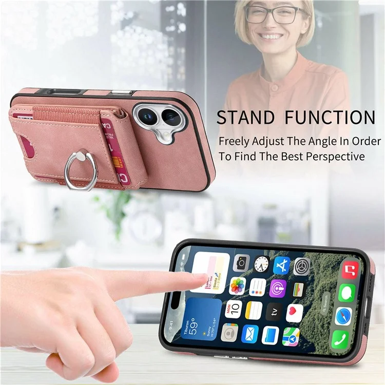 For iPhone 16 Case Skin-Touch Texture Vertical Flip Card Holder Phone Cover with Ring Holder Kickstand - Pink