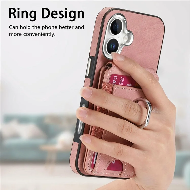 For iPhone 16 Case Skin-Touch Texture Vertical Flip Card Holder Phone Cover with Ring Holder Kickstand - Pink