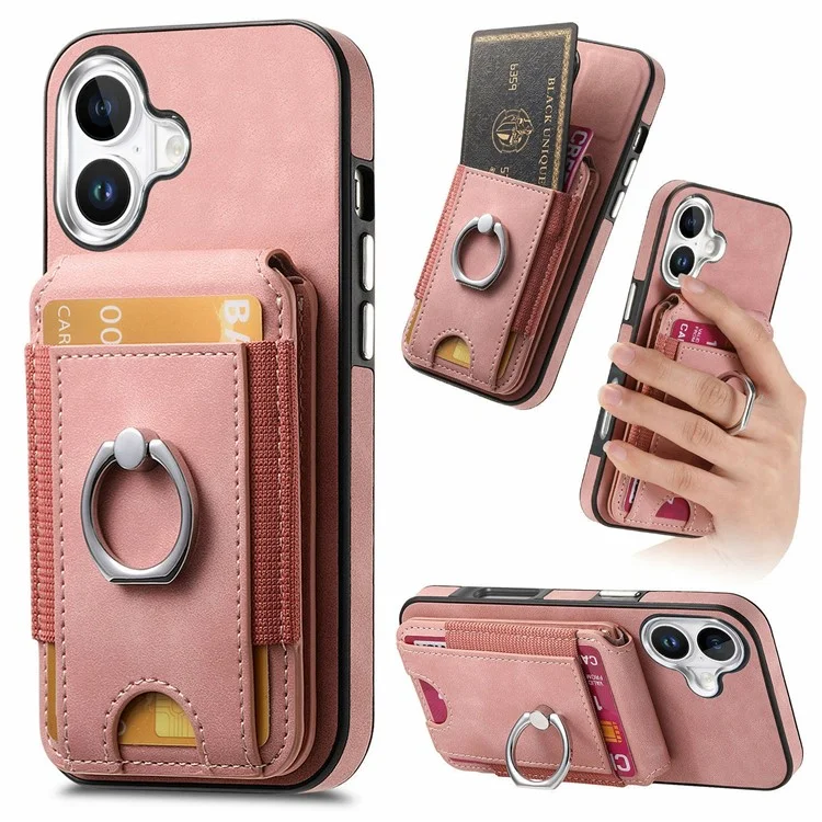 For iPhone 16 Plus Case Skin-Touch Texture Vertical Flip Card Holder Phone Cover with Ring Holder Kickstand - Pink