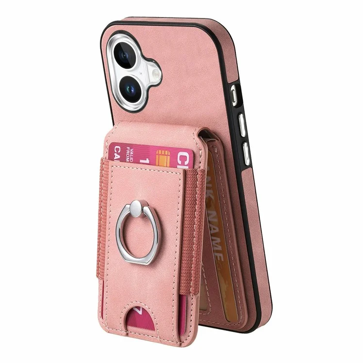 For iPhone 16 Plus Case Skin-Touch Texture Vertical Flip Card Holder Phone Cover with Ring Holder Kickstand - Pink