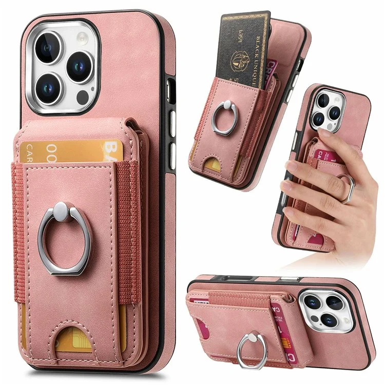 For iPhone 16 Pro Max Case Skin-Touch Texture Vertical Flip Card Holder Phone Cover with Ring Holder Kickstand - Pink