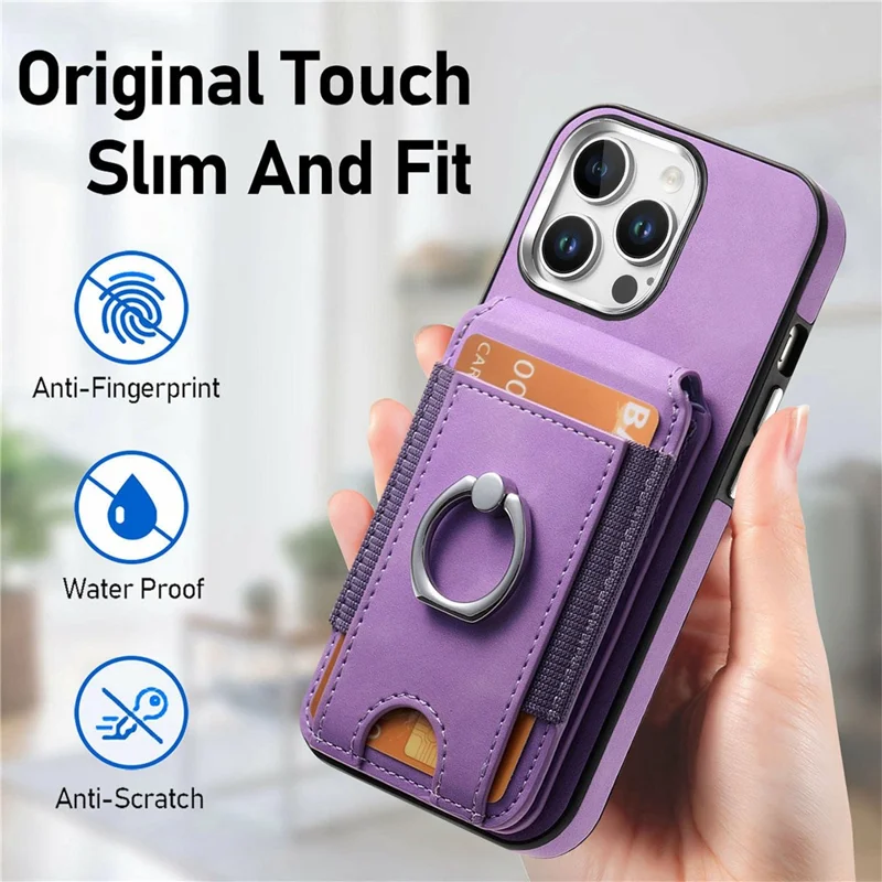 For iPhone 16 Pro Max Case Skin-Touch Texture Vertical Flip Card Holder Phone Cover with Ring Holder Kickstand - Purple