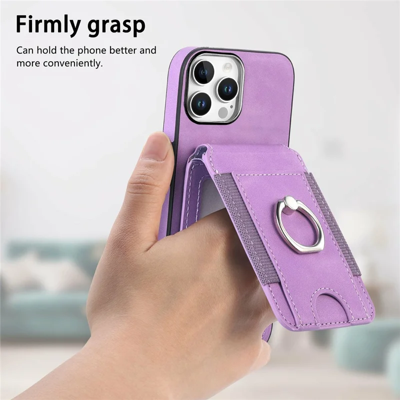 For iPhone 16 Pro Max Case Skin-Touch Texture Vertical Flip Card Holder Phone Cover with Ring Holder Kickstand - Purple