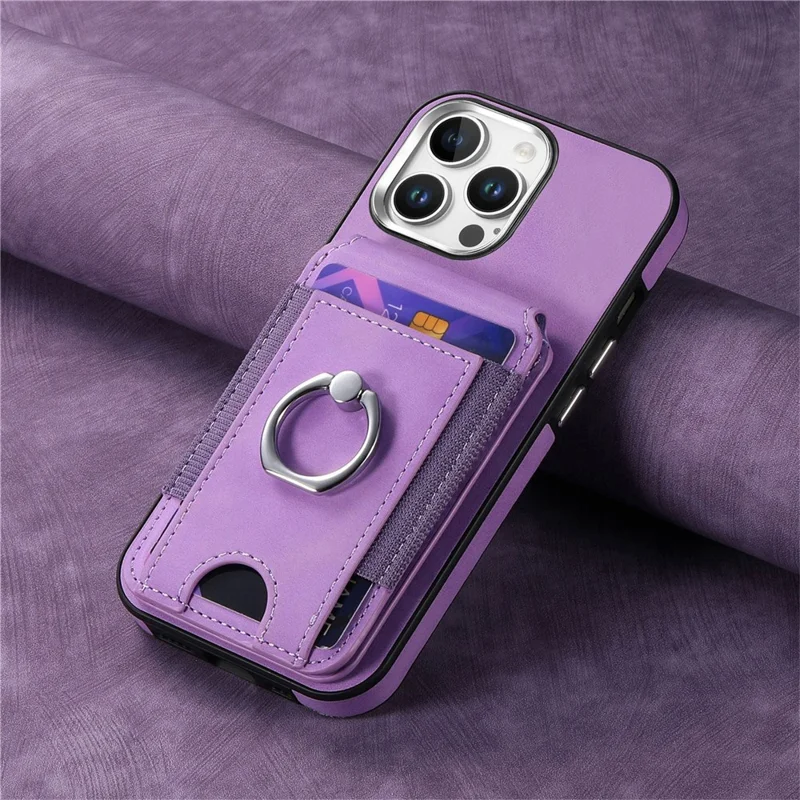 For iPhone 16 Pro Max Case Skin-Touch Texture Vertical Flip Card Holder Phone Cover with Ring Holder Kickstand - Purple