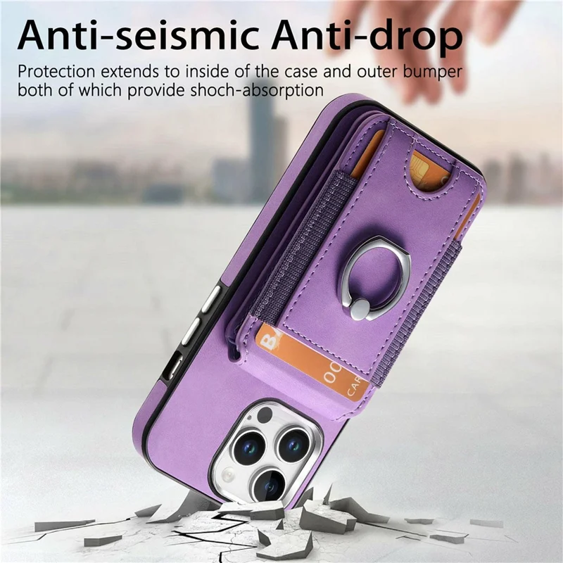 For iPhone 16 Pro Max Case Skin-Touch Texture Vertical Flip Card Holder Phone Cover with Ring Holder Kickstand - Purple