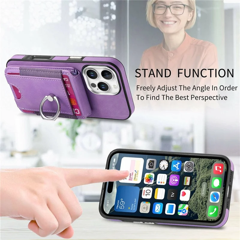 For iPhone 16 Pro Max Case Skin-Touch Texture Vertical Flip Card Holder Phone Cover with Ring Holder Kickstand - Purple