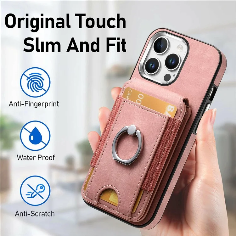 For iPhone 16 Pro Case Skin-Touch Texture Vertical Flip Card Holder Phone Cover with Ring Holder Kickstand - Pink