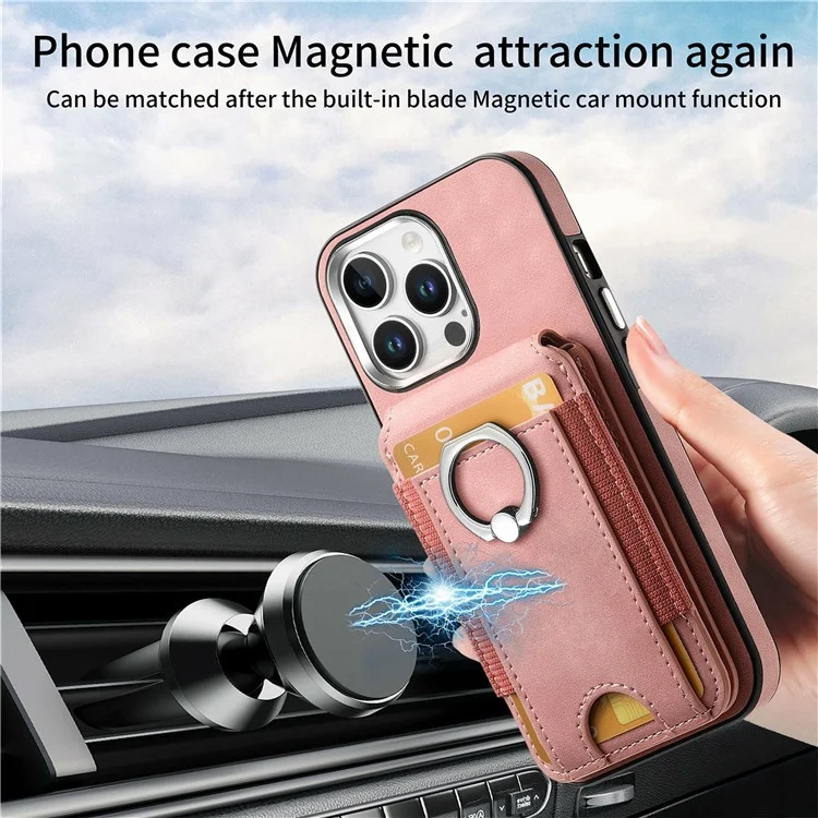 For iPhone 16 Pro Case Skin-Touch Texture Vertical Flip Card Holder Phone Cover with Ring Holder Kickstand - Pink