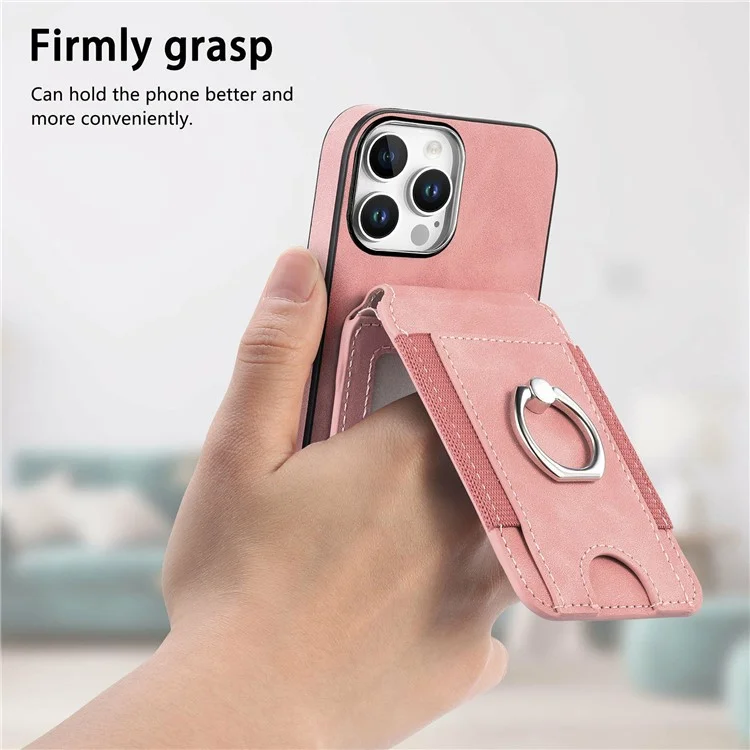 For iPhone 16 Pro Case Skin-Touch Texture Vertical Flip Card Holder Phone Cover with Ring Holder Kickstand - Pink