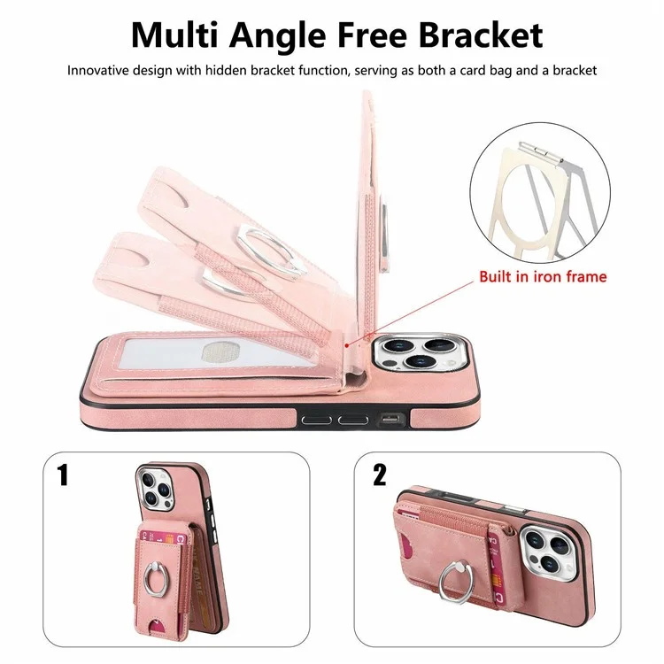 For iPhone 16 Pro Case Skin-Touch Texture Vertical Flip Card Holder Phone Cover with Ring Holder Kickstand - Pink