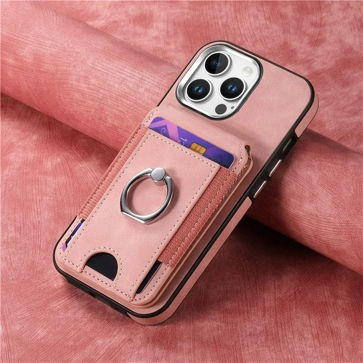 For iPhone 16 Pro Case Skin-Touch Texture Vertical Flip Card Holder Phone Cover with Ring Holder Kickstand - Pink