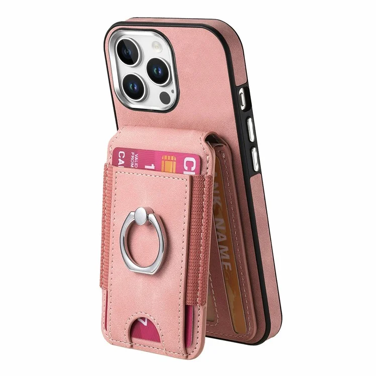 For iPhone 16 Pro Case Skin-Touch Texture Vertical Flip Card Holder Phone Cover with Ring Holder Kickstand - Pink