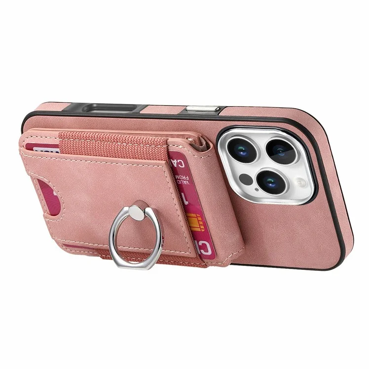 For iPhone 16 Pro Case Skin-Touch Texture Vertical Flip Card Holder Phone Cover with Ring Holder Kickstand - Pink