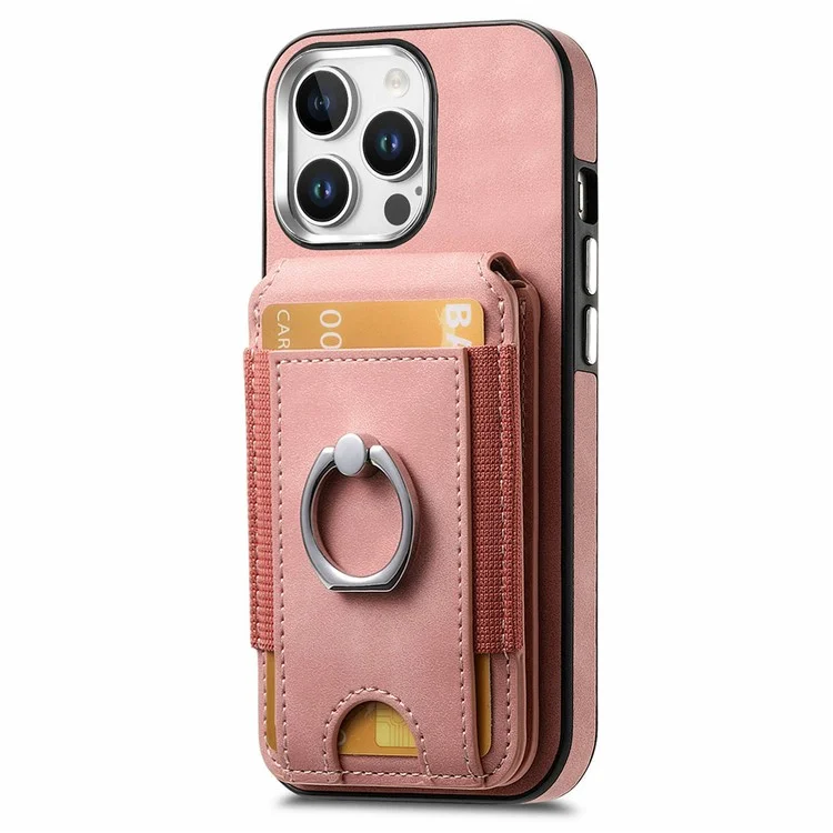 For iPhone 16 Pro Case Skin-Touch Texture Vertical Flip Card Holder Phone Cover with Ring Holder Kickstand - Pink
