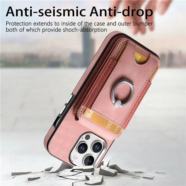 For iPhone 16 Pro Case Skin-Touch Texture Vertical Flip Card Holder Phone Cover with Ring Holder Kickstand - Pink