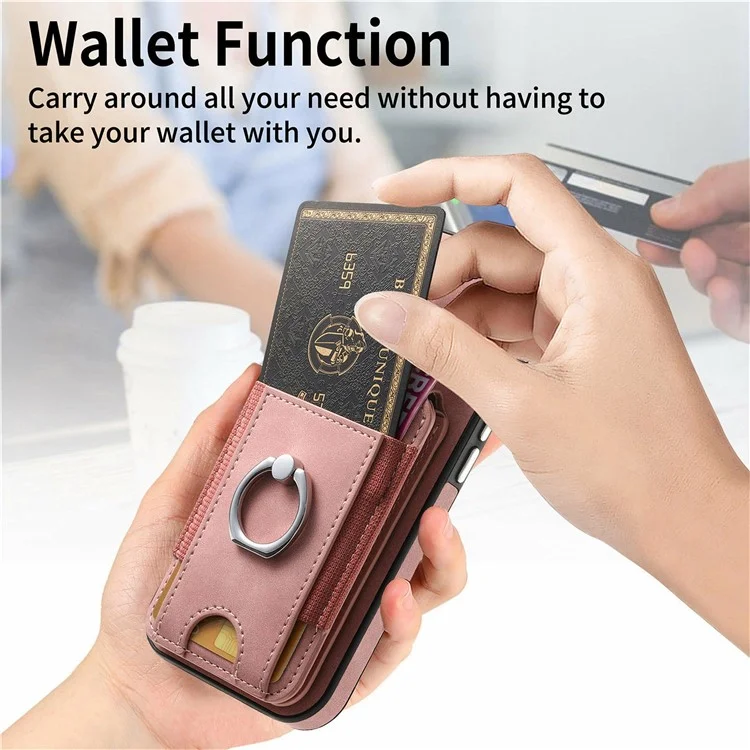 For iPhone 16 Pro Case Skin-Touch Texture Vertical Flip Card Holder Phone Cover with Ring Holder Kickstand - Pink