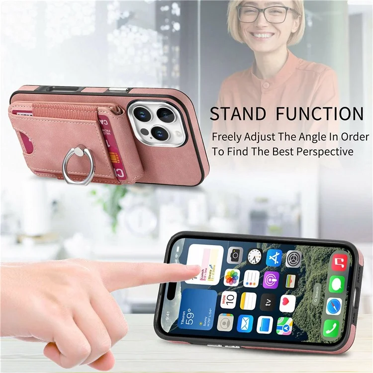 For iPhone 16 Pro Case Skin-Touch Texture Vertical Flip Card Holder Phone Cover with Ring Holder Kickstand - Pink
