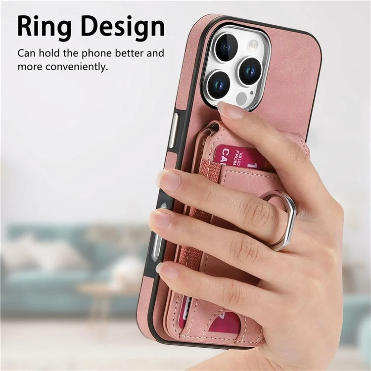 For iPhone 16 Pro Case Skin-Touch Texture Vertical Flip Card Holder Phone Cover with Ring Holder Kickstand - Pink