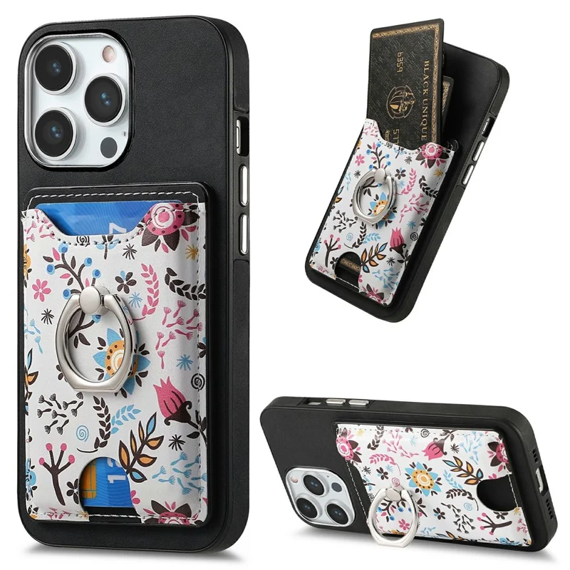 Für iPhone 16 Pro Hülle Kickstand Leder beschichtete TPU Muster Rückabdeckung - Schwarz