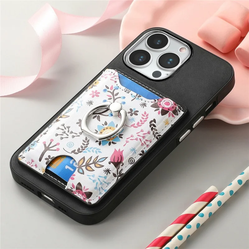 Für iPhone 16 Pro Hülle Kickstand Leder beschichtete TPU Muster Rückabdeckung - Schwarz