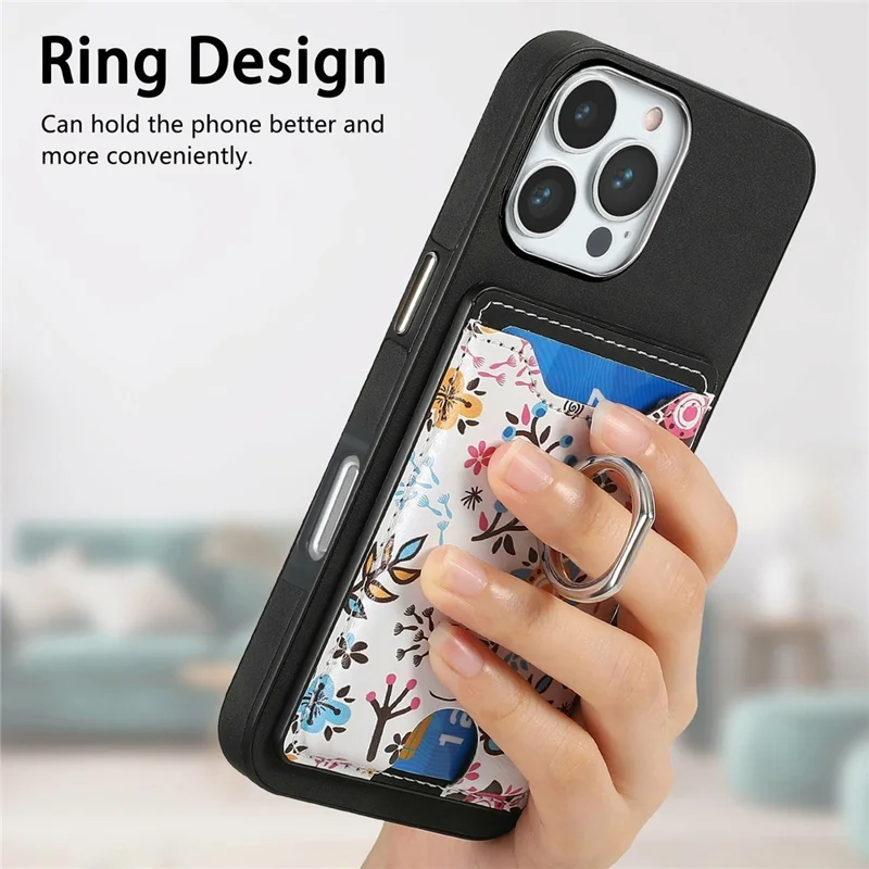 Für iPhone 16 Pro Hülle Kickstand Leder beschichtete TPU Muster Rückabdeckung - Schwarz