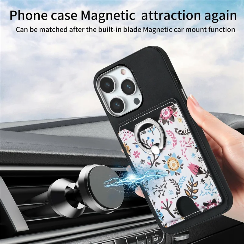 Für iPhone 16 Pro Hülle Kickstand Leder beschichtete TPU Muster Rückabdeckung - Schwarz